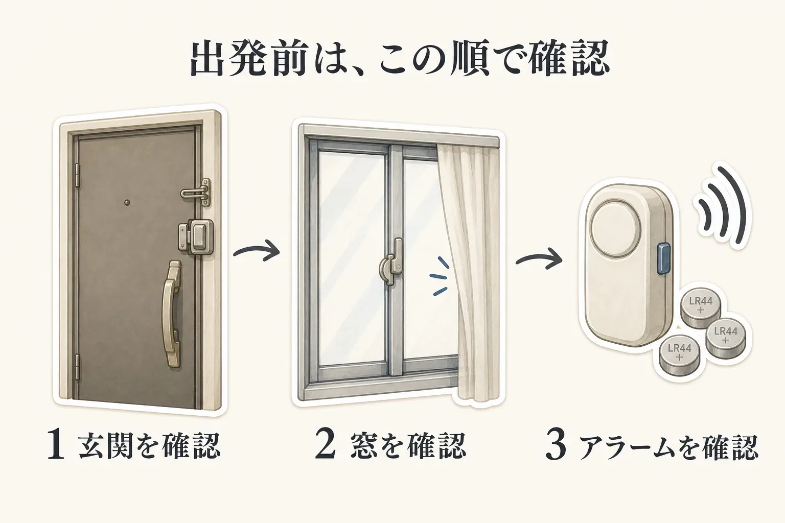 秋の連休や帰省で出発する前の防犯確認の順番を示す図。玄関の主錠・補助錠、窓の閉まり・補助用品、窓アラームの電池・テストを順に確認する。