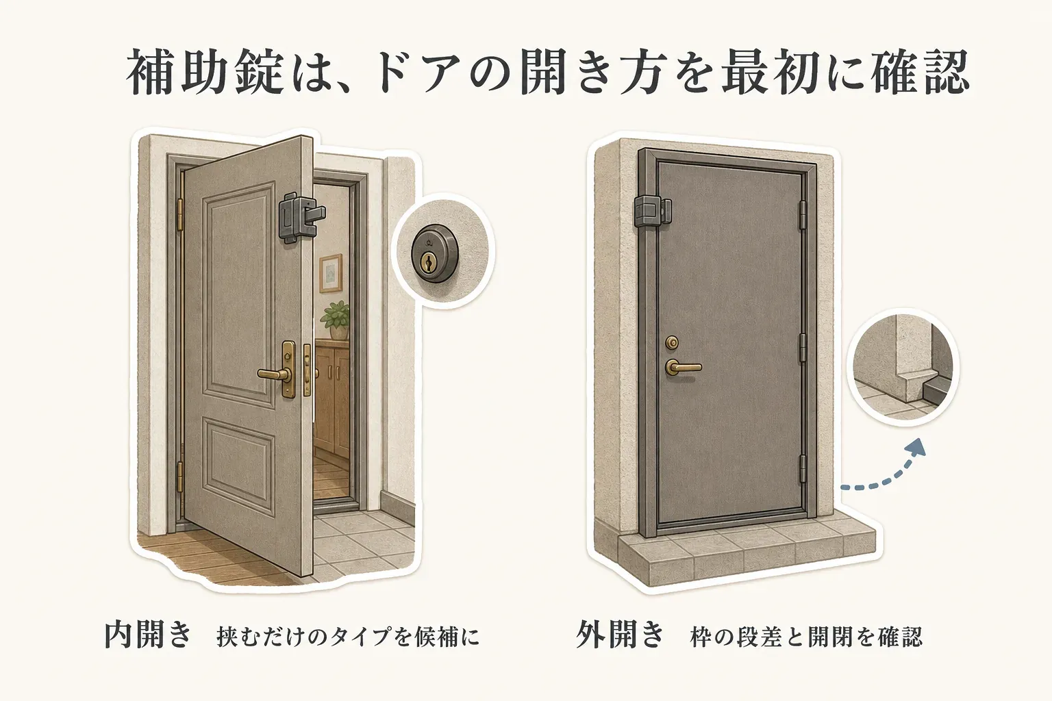 玄関補助錠を選ぶ前のドアの開き方確認を示す図。室内側へ引く内開きと室外側へ押す外開きを見分け、ドア枠の段差・かぶせ部分・主錠の操作に補助錠が干渉しないかを確認する。