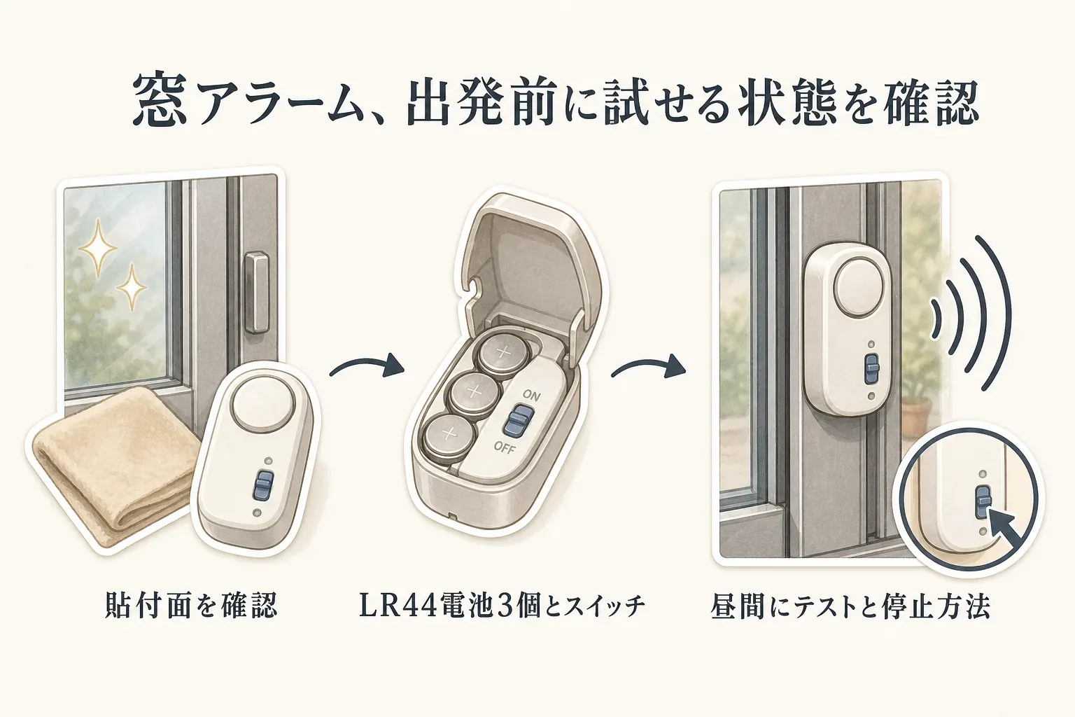 窓用防犯アラームを出発前に試す確認手順を示す図。窓を閉めて施錠した後、貼付面、電池の絶縁、スイッチの位置、テスト音と停止方法を確認し、カーテンや雨戸に触れない位置へ取り付ける。