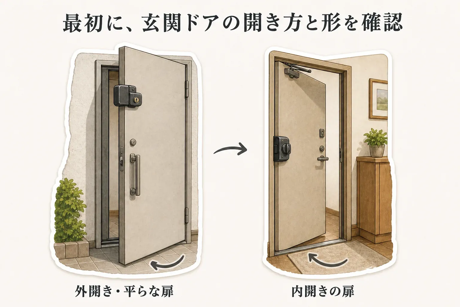 補助錠を選ぶ前に勝手口の開き方と形を確認する図。外開きで平らな扉と、室内側へ開く内開きの扉を、補助錠の取り付け位置と開く向きの矢印で示す。