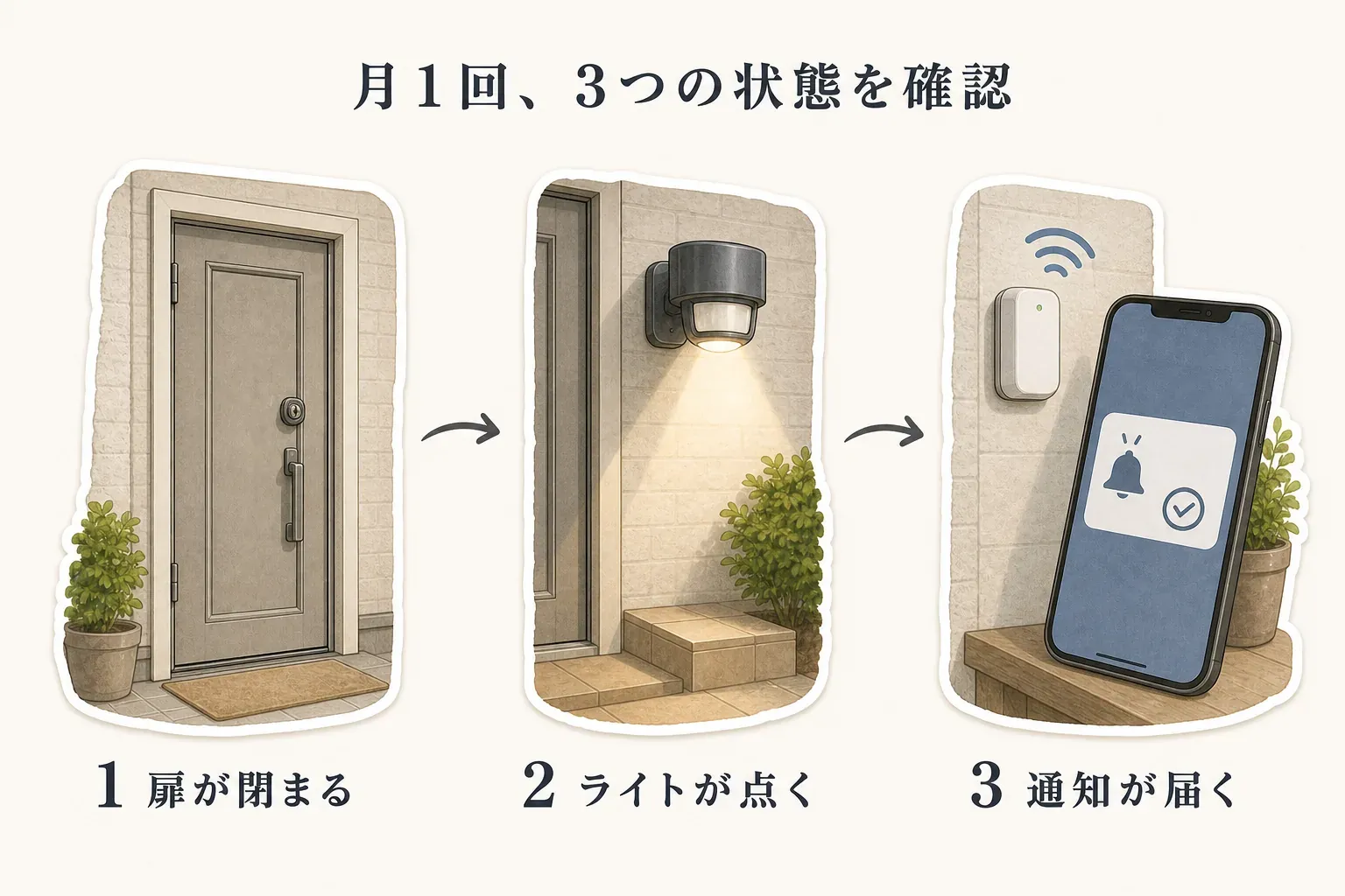 月1回の勝手口点検で確認する3つの状態の図。扉が閉まること、センサーライトが点くこと、通知型センサーからスマートフォンへ通知が届くことを示す。