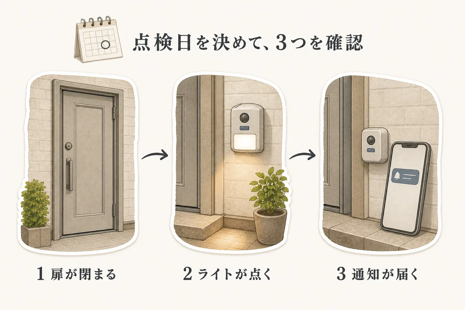 勝手口の点検日を決めて確認する3項目の図。扉が閉まること、センサーライトが点くこと、通知型センサーからスマートフォンへ通知が届くことを順に示す。