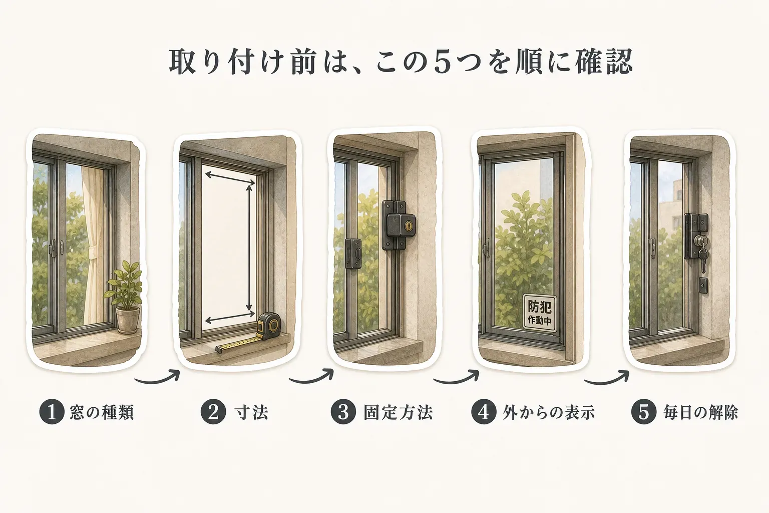 ベランダ窓の防犯用品を取り付ける前に確認する5項目を示す図。窓の種類、寸法、粘着・ビス・貼り付けなどの固定方法、外から見える表示、毎日の解除のしやすさを順に確認する。