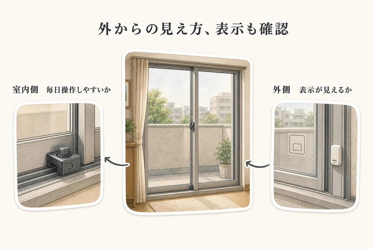ベランダ窓の防犯用品を室内側と外側から見た図。室内側では補助錠を毎日操作しやすいかを、外側では窓用アラーム本体や警告ステッカーなどの表示が見えるかを確認する。