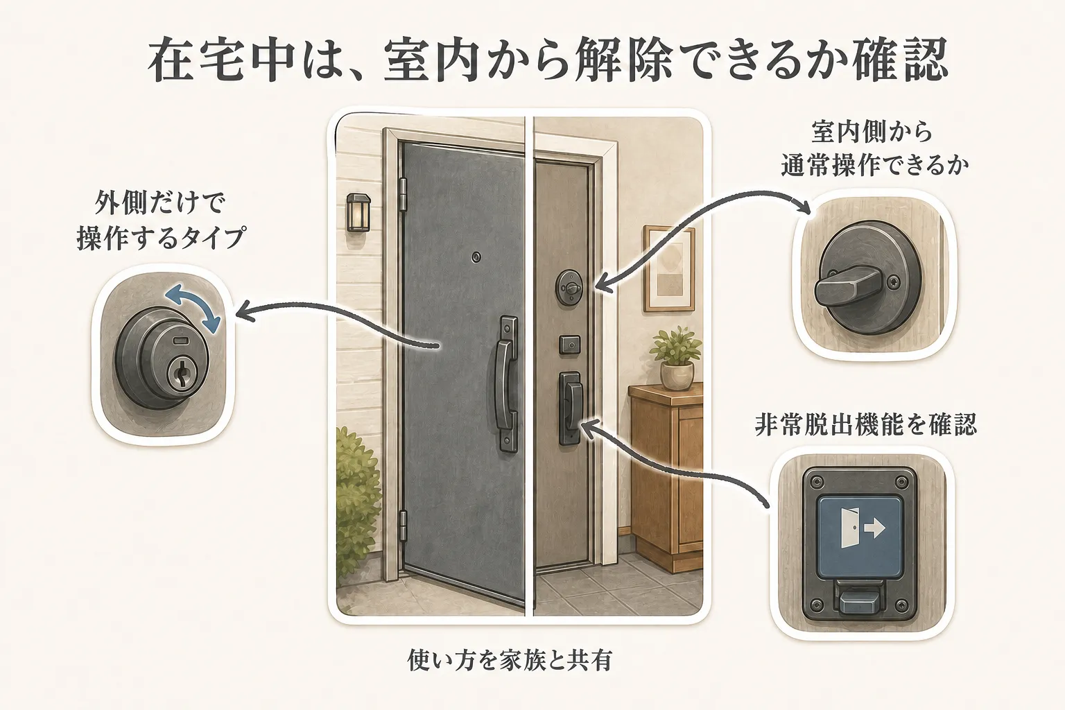 在宅中の玄関補助錠の使い方として、外側だけで操作するタイプ、室内側から通常操作できるサムターン、室内から解除する非常脱出ボタンを示し、家族で解除方法を共有する必要を示す図。