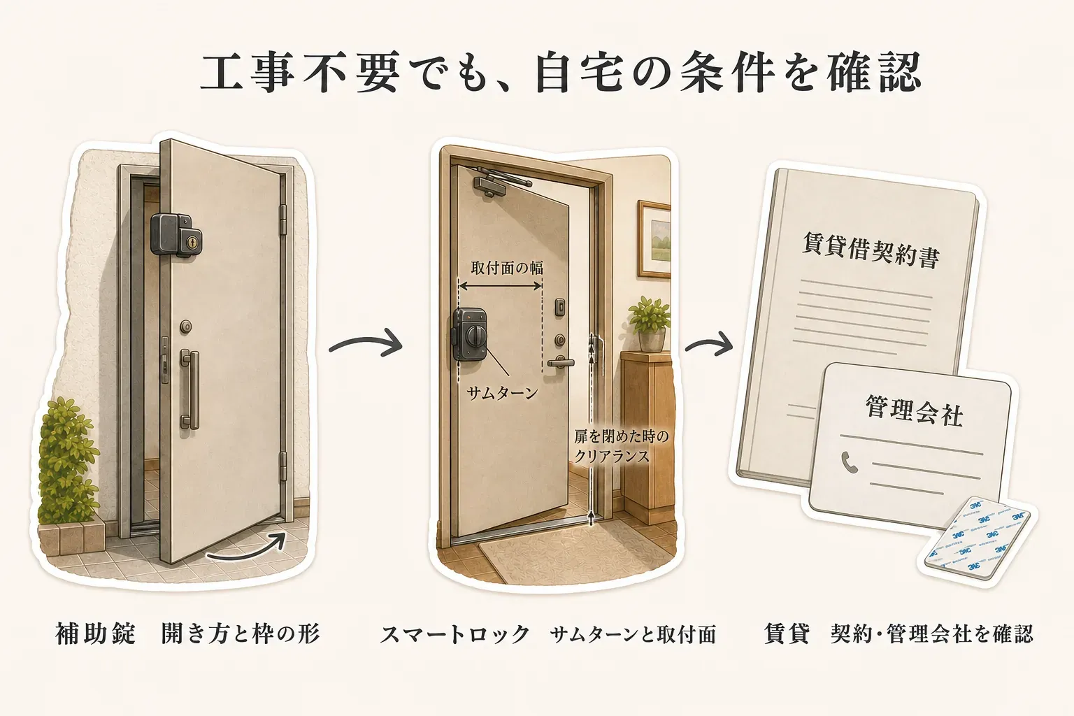 工事不要の玄関用品でも自宅の条件を確認する図。補助錠は玄関ドアの開き方とドア枠の形を確認し、スマートロックはサムターン、取付面の幅、扉を閉めたときのクリアランスを測る。賃貸では契約書、管理会社、粘着テープの扱いも確認する。