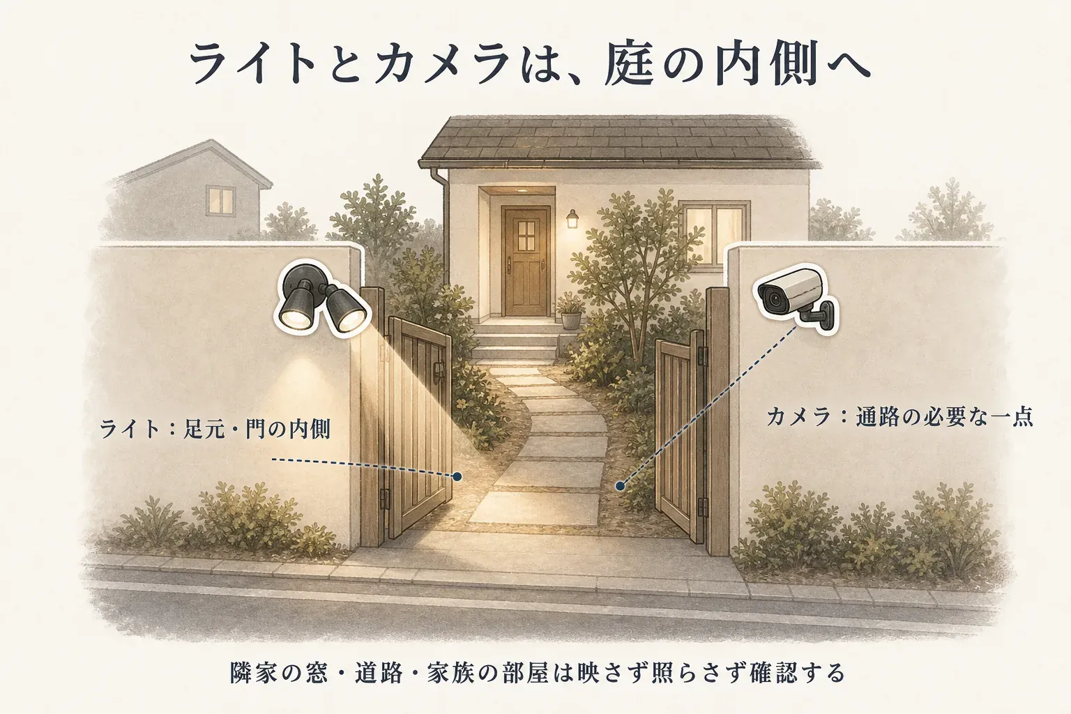 庭の入口を示し、センサーライトは足元と門の内側へ、カメラは通路の必要な一点へ向け、隣家の窓・道路・家族の部屋は照らさず映さないよう確認する図。