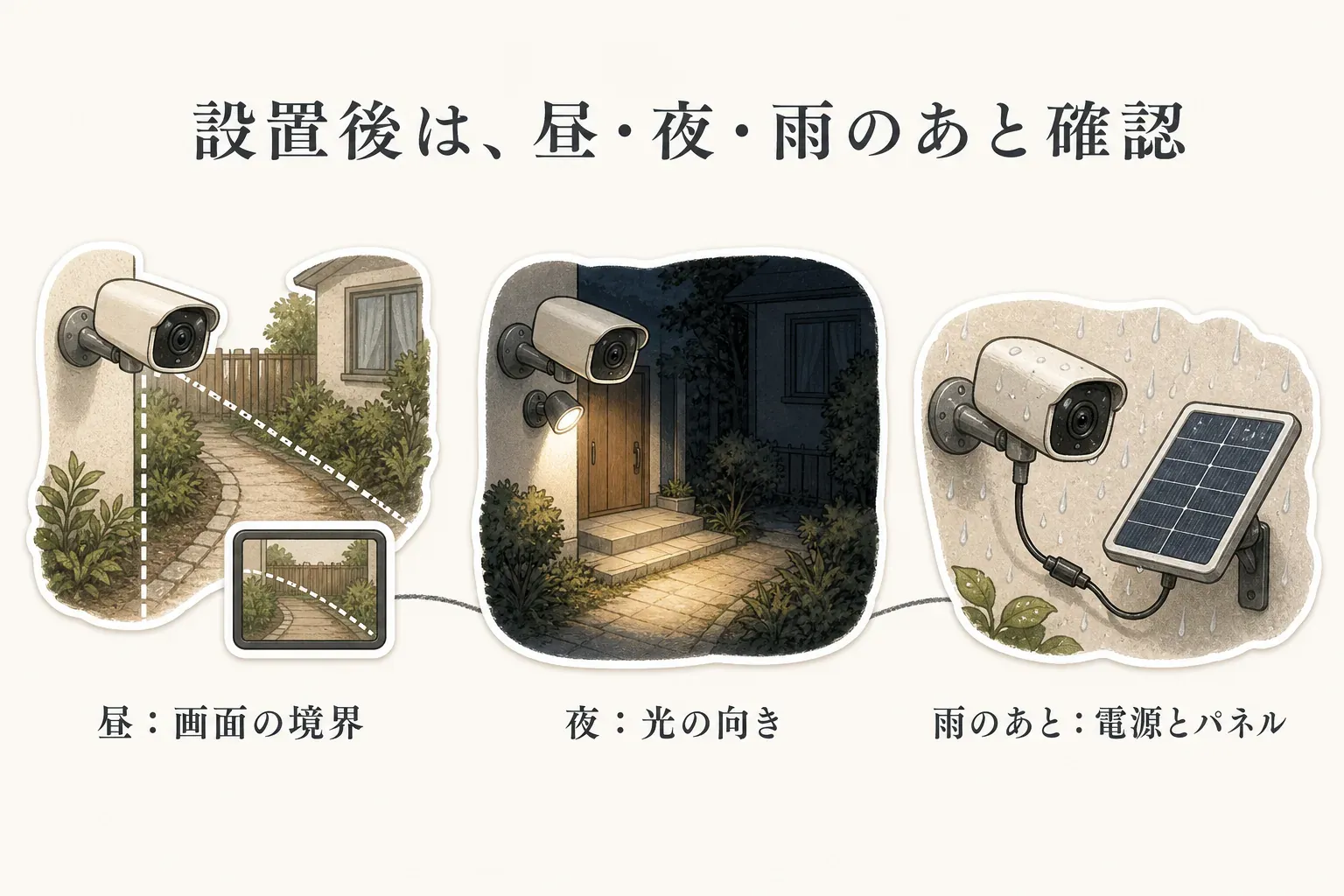 庭に設置したカメラとライトについて、昼は画面の境界、夜はライトの向き、雨のあとはカメラの電源接続部とソーラーパネルを確認する3つの点検場面を示す図。