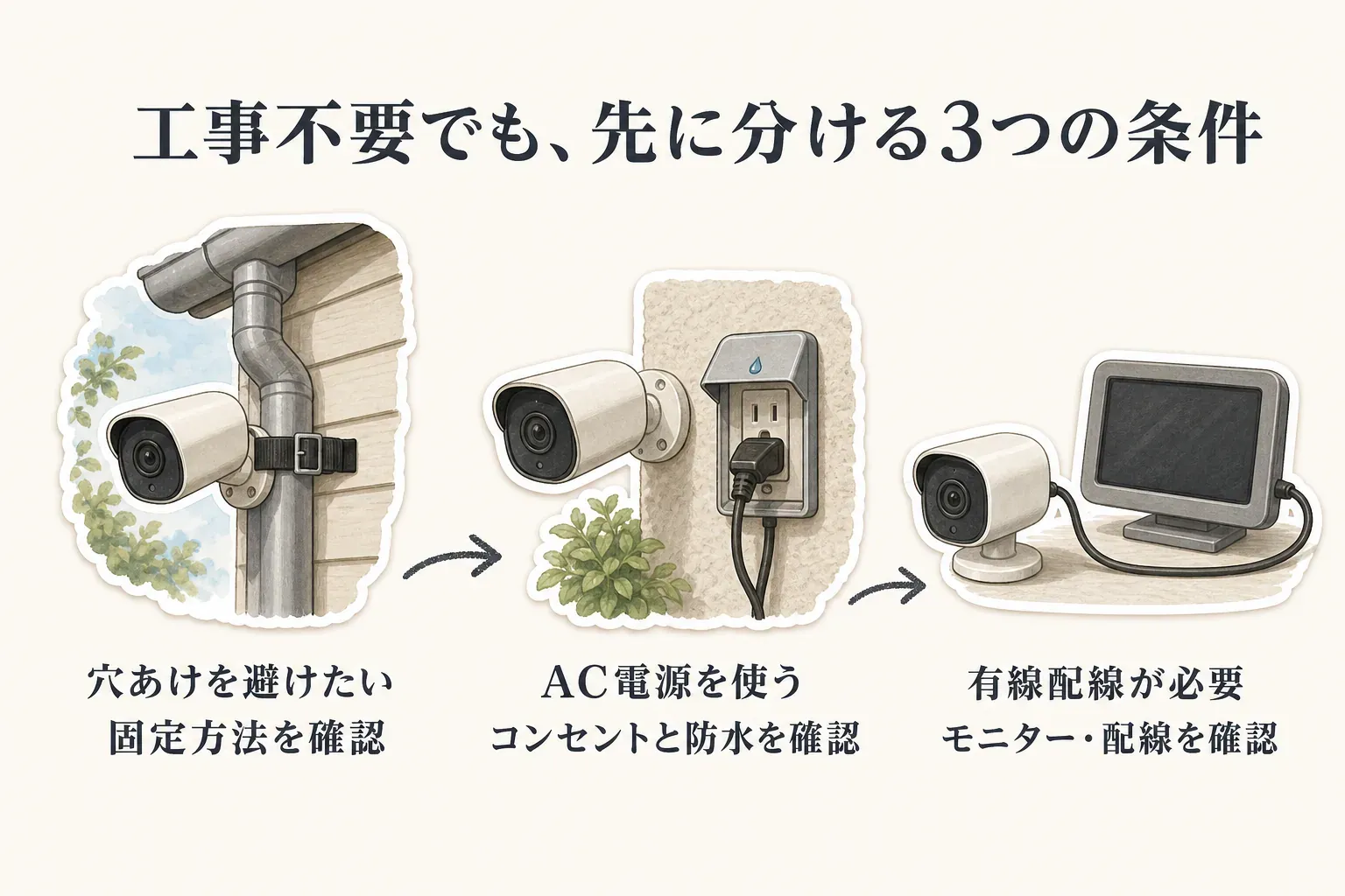 工事不要の屋外防犯カメラを選ぶ際の3条件として、雨どいにストラップで固定して穴あけを避ける方法、AC電源ではコンセントと防水を確認する方法、カメラとモニターを有線接続して配線を確認する方法を示す図。