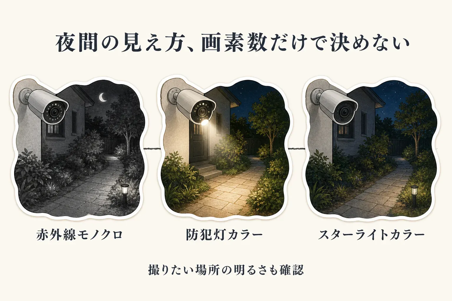 夜間の屋外防犯カメラ映像を、赤外線モノクロ、防犯灯を点灯したカラー、スターライトカラーの3種類で比較し、撮影したい場所の明るさも確認することを示す図。