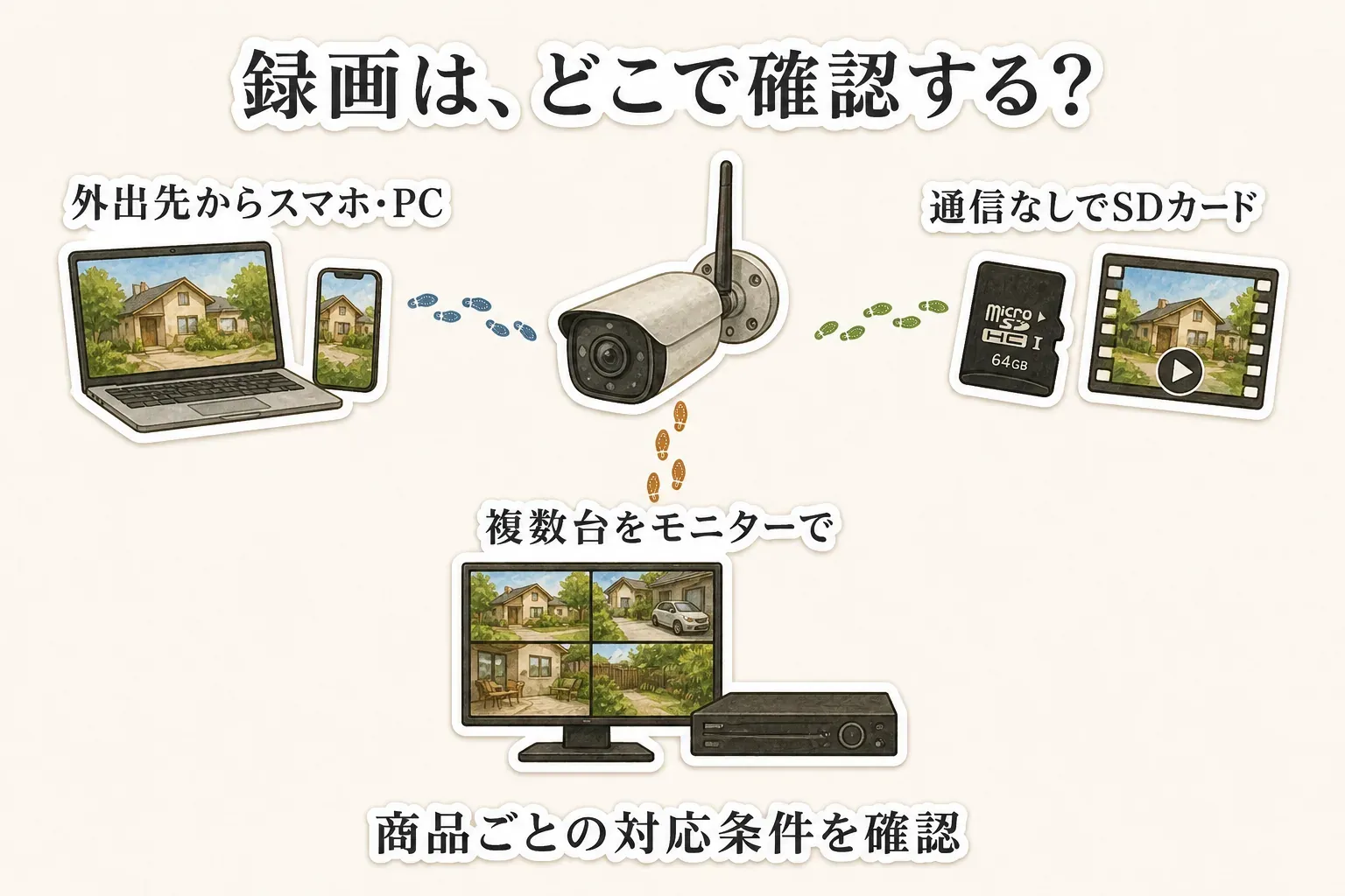 防犯カメラの録画確認方法として、外出先ではスマホ・PCで見る方法、通信なしではSDカードの映像を見る方法、複数台はレコーダー付きモニターで見る方法を示し、商品ごとの対応条件を確認するよう促す図。