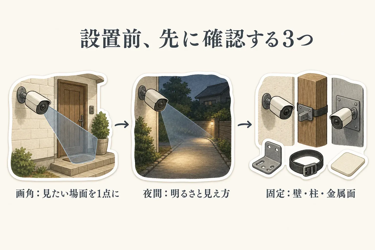 屋外防犯カメラの設置前チェックとして、玄関で人物の顔と荷物が映るか、駐車場で車と出入口が映るか、庭で通路や門が植栽の陰にならないか、夜間に対象を判別できるか、壁・柱・金属面などへ固定し電源を点検できるかの5項目を示す図。