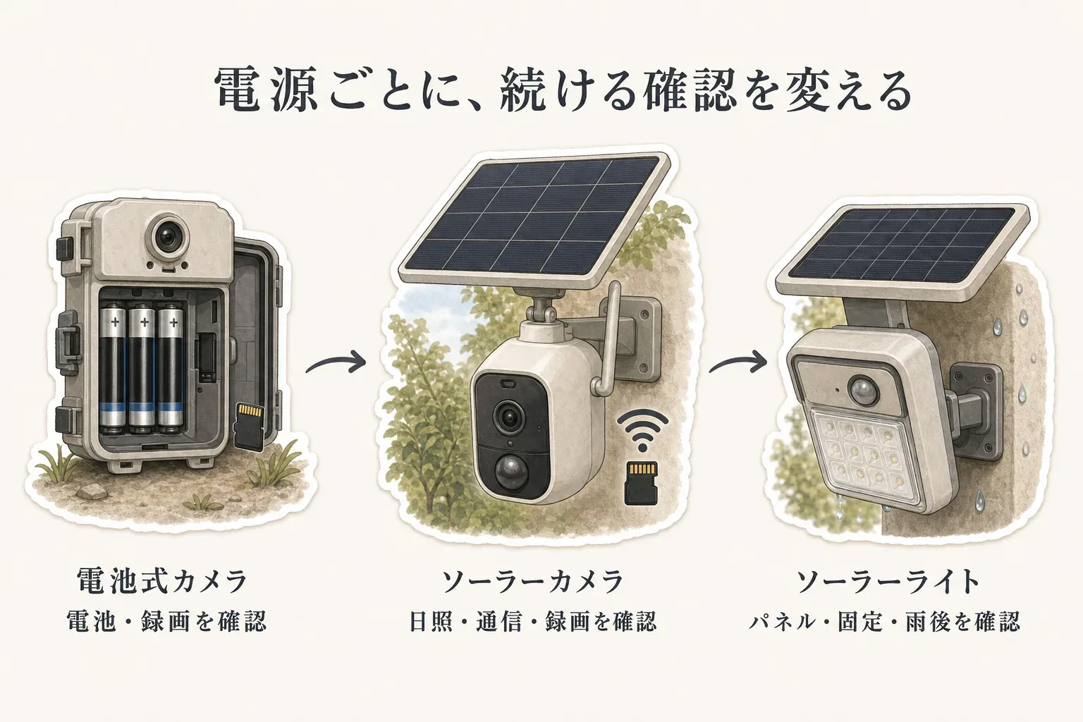電源ごとに続ける確認を変える図。電池式カメラは電池と録画を確認し、ソーラーカメラは日照・通信・録画を確認し、ソーラーライトはパネル・固定・雨後の状態を確認することを、各機器のイラストとともに示す。