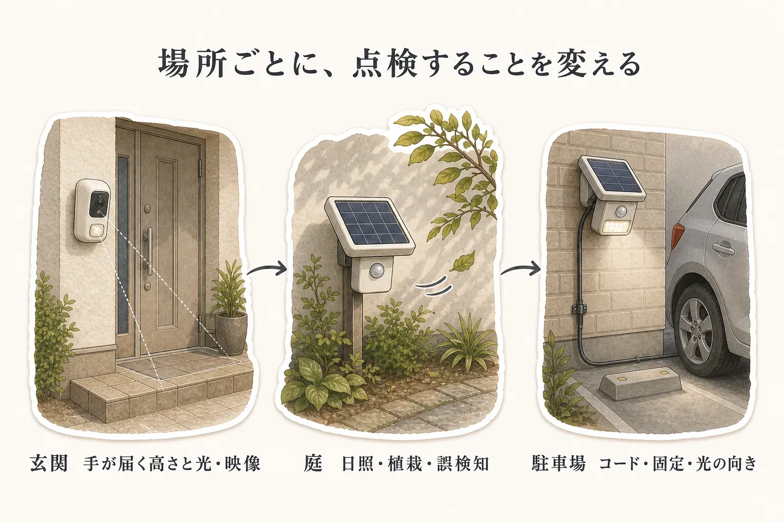 設置場所ごとに点検する内容を示す図。玄関は手が届く高さと光・映像、庭は日照・植栽・誤検知、駐車場はコード・固定・光の向きを、玄関、庭、車の横に設置したソーラーライトのイラストとともに整理している。