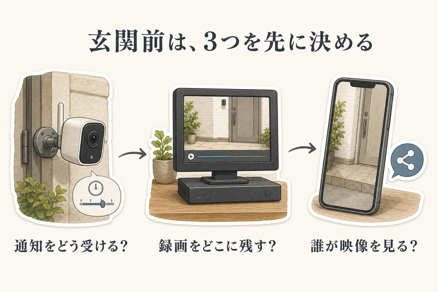 玄関前の防犯カメラについて、壁に設置したカメラの通知間隔、録画を表示する室内モニター、玄関映像を映すスマートフォンの共有アイコンを並べ、「通知をどう受けるか」「録画をどこに残すか」「誰が映像を見るか」の3点を先に決める図。