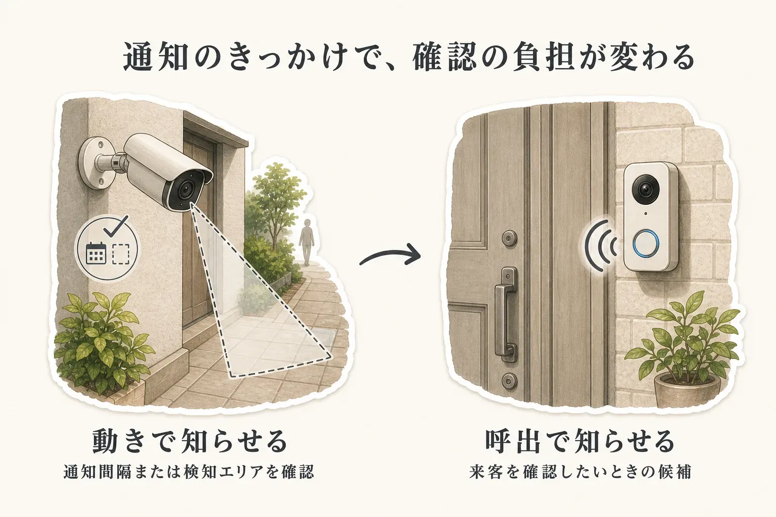 通知のきっかけによる確認負担の違いを、検知エリアと通知間隔を設定して動きで知らせる屋外カメラと、来客を確認したいときに呼出ボタンで知らせるカメラ付きドアホンとして対比した図。
