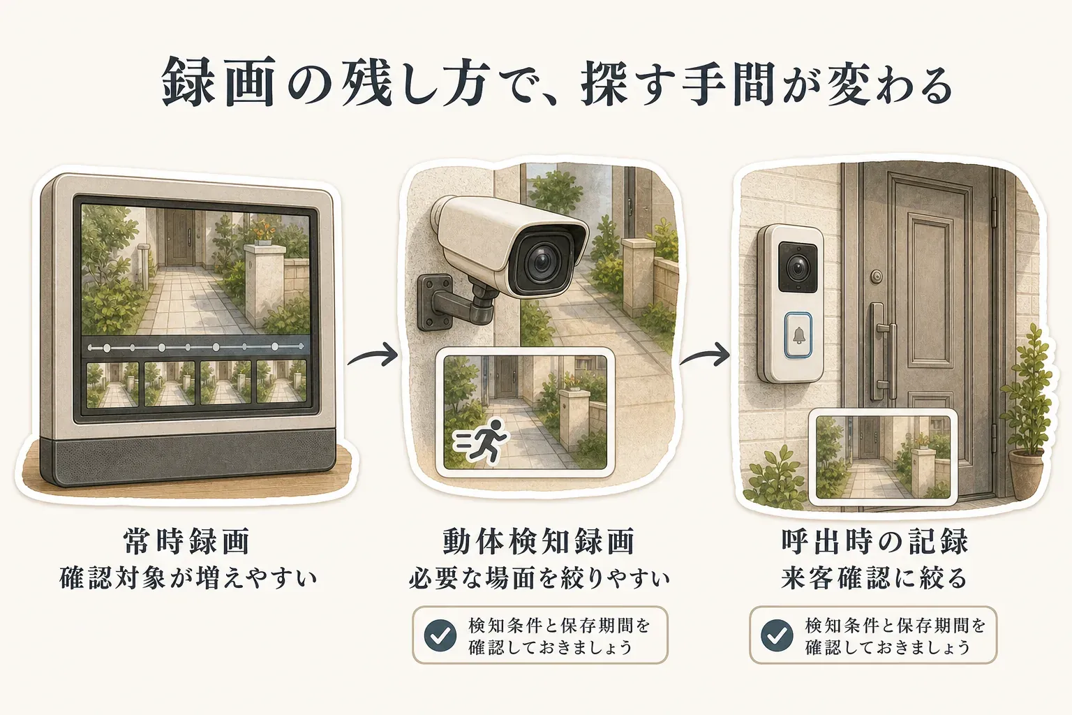 録画の残し方と探す手間の違いを、確認対象が増えやすい常時録画、必要な場面を絞りやすく検知条件と保存期間を確認する動体検知録画、来客確認に絞る呼出時の記録として示す図。