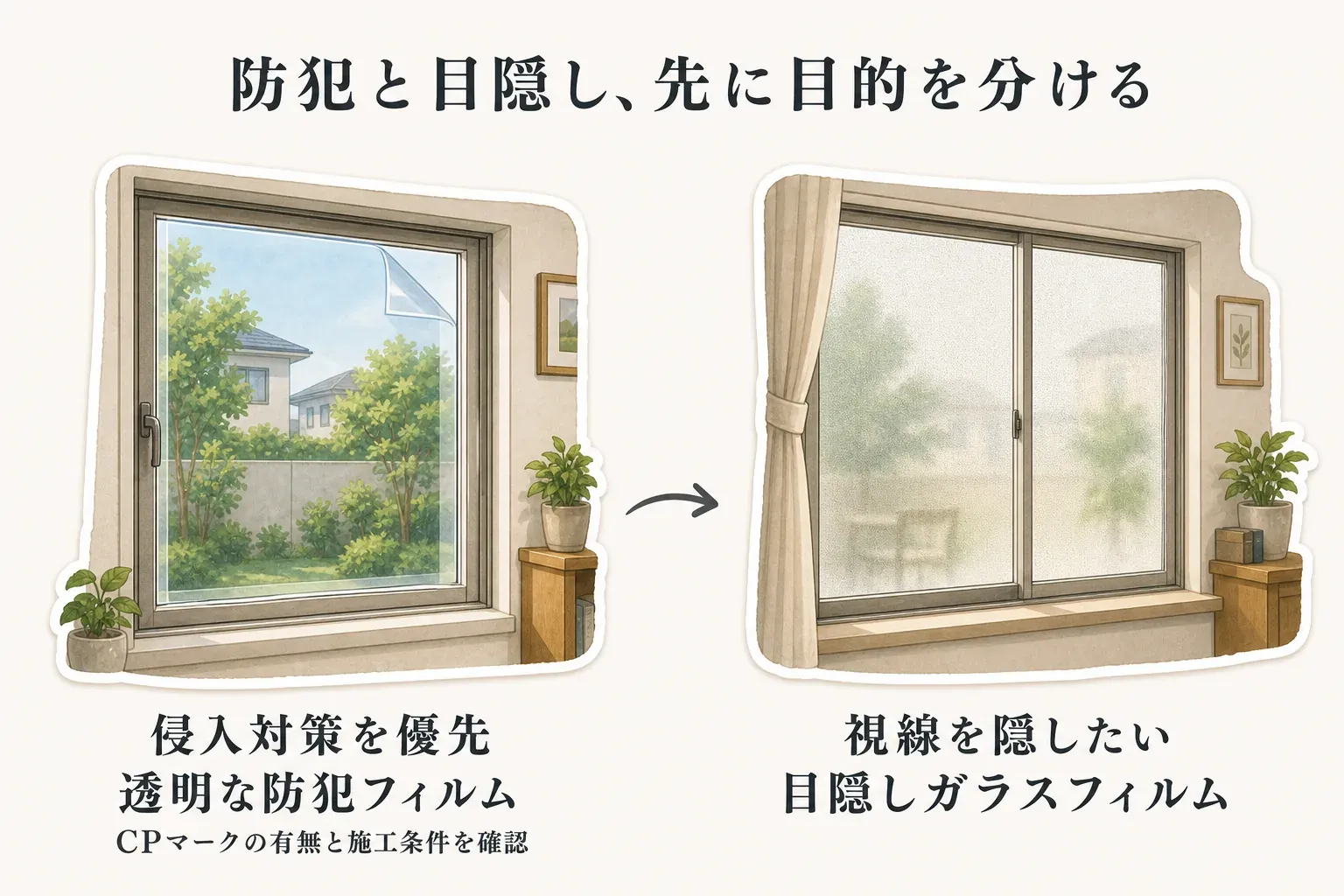 窓フィルムを選ぶ前に目的を分ける図。侵入対策を優先する窓には景色を見通せる透明な防犯フィルムを、視線を隠したい窓にはすり調の目隠しガラスフィルムを示し、透明な防犯フィルムではCPマークの有無と施工条件を確認することを示している。