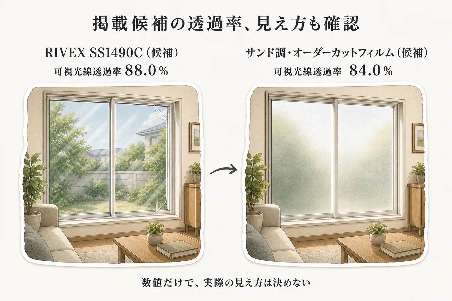掲載候補の可視光線透過率と見え方を比べる図。RIVEX SS1490Cは可視光線透過率88.0％で景色を見通せる窓、サンド調オーダーカットフィルムは84.0％で視線をぼかす窓として示し、数値だけで実際の見え方は決まらないことを説明している。