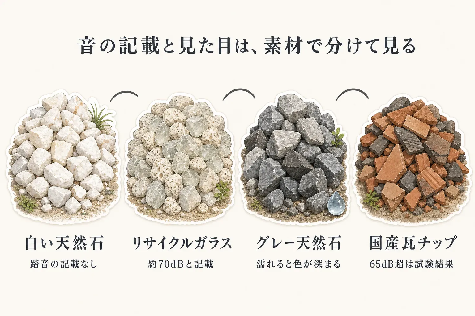 防犯砂利4候補の素材ごとの比較図。白い天然大理石は景観、リサイクルガラスは音と防草、グレーの天然大理石は濡れた際の色味、国産瓦チップは彩りを主な特徴として示し、飛び散りや掃除では通行量・排水・粒の状態を確認することを整理している。