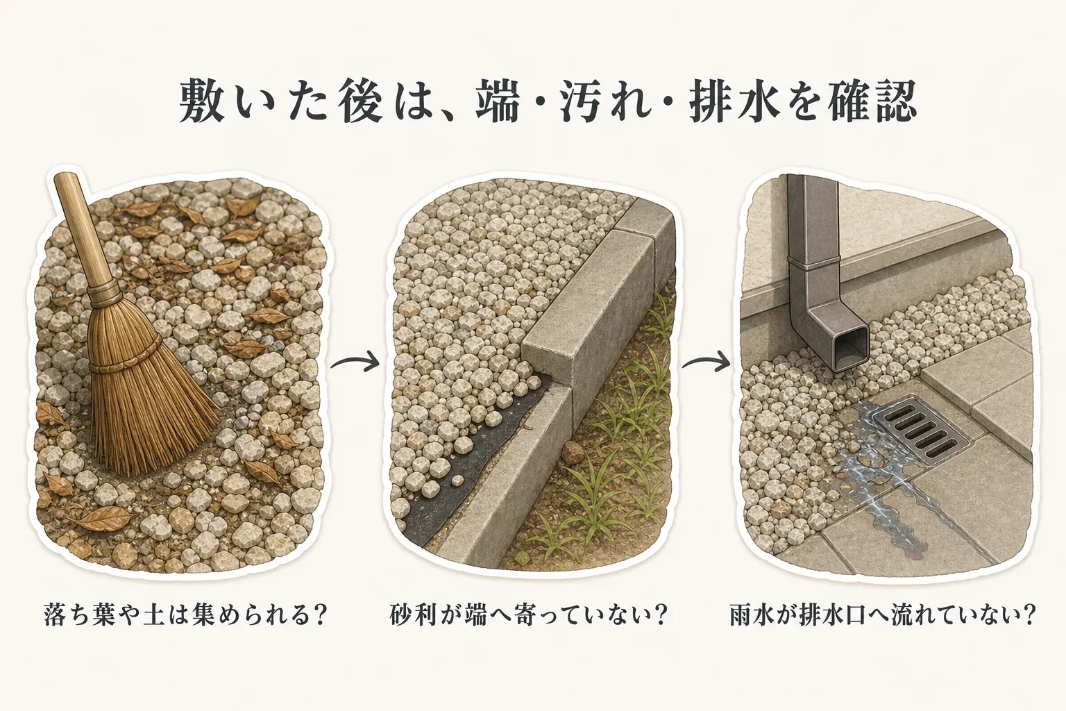 防犯砂利を敷いた後の確認項目を示す図。落ち葉や土を集められるか、砂利が端へ寄って防草シートや地面が見えていないか、雨水が排水口や舗装面へ流れていないか、ガラスや瓦の欠片がないか、家族の歩行や荷物運びを妨げていないかを確認する。