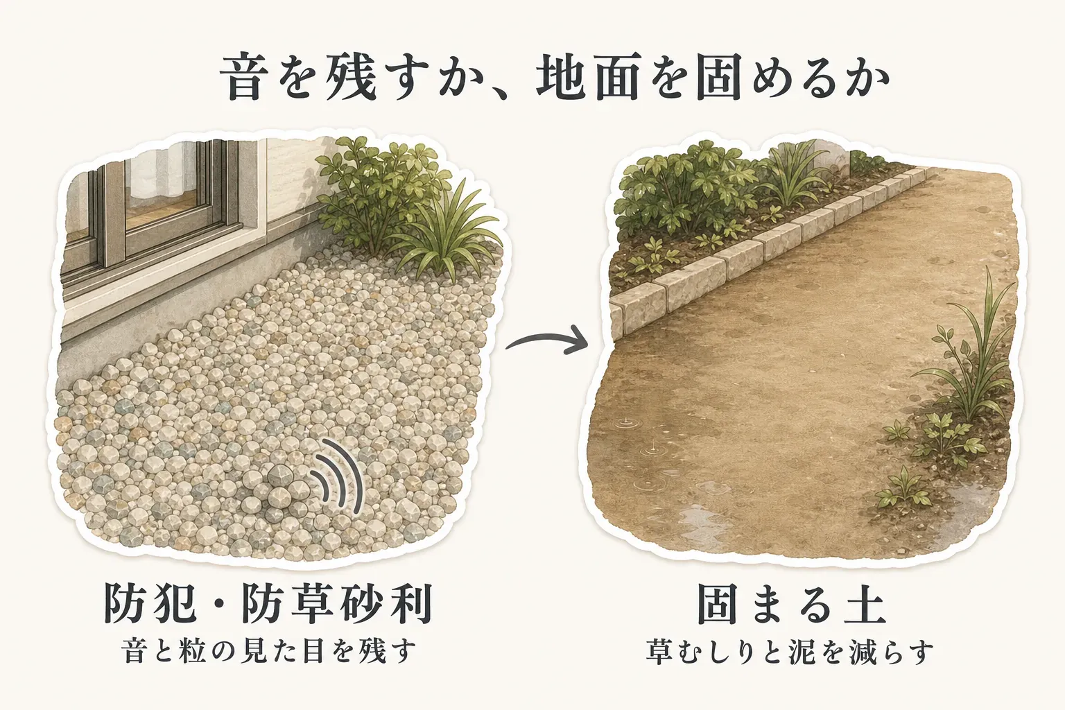 防犯砂利・防草砂利と水で固まる土の違いを比較する図。砂利は踏んだときの音と粒の見た目を残したい場所に向き、固まる土は草むしりや雨の日の泥を減らしたい場所に向くが、砂利の音は得られないことを示す。