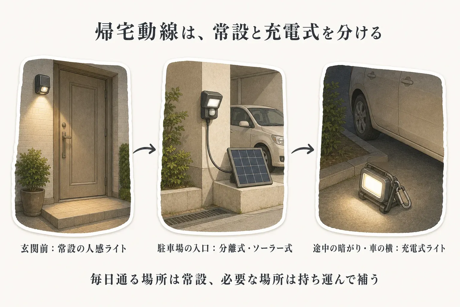冬の帰宅動線でライトの役割を分ける図。玄関ドア前には常設の人感センサーライト、駐車場の奥にはパネルを日なたへ置ける分離式の常設灯、門から玄関までには充電式ランタン、車内や荷室にはマグネット付き充電式ライトを配置する