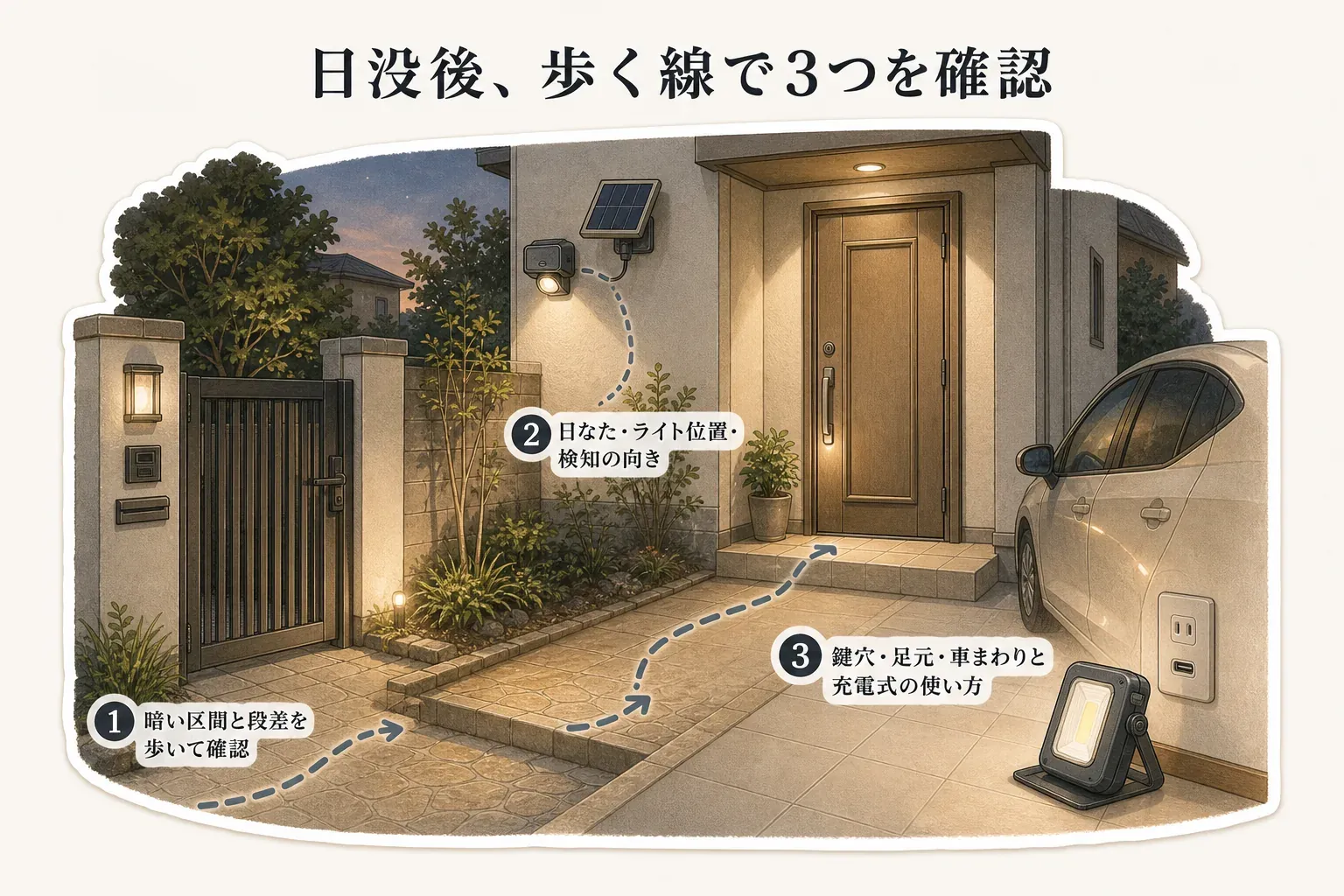 日没後の玄関から駐車場までの確認図。門から玄関、玄関から駐車場の暗い区間と段差を歩き、常設灯の照射・センサー範囲、ソーラーパネルの日当たり、鍵穴・足元・車のドアまわり、充電式ライトの持ち方と置き場所を順に確認する