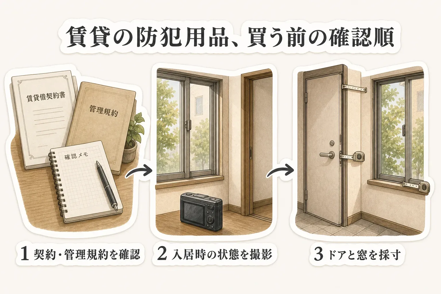 賃貸の防犯用品を買う前の確認順を示す図。1は賃貸借契約書・管理規約・確認メモ、2は入居時の窓と玄関をカメラで撮影、3はドアと窓の寸法を測っている