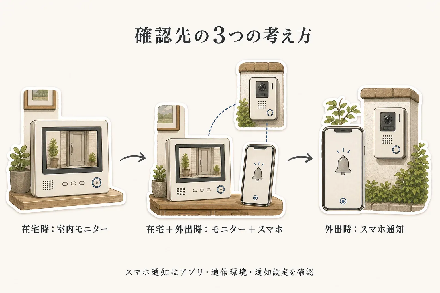 テレビドアホンの確認先を3通りで示す図。在宅時は室内モニター、在宅時と外出時は室内モニターとスマホ、外出時はスマホ通知で確認し、スマホ通知ではアプリ・通信環境・通知設定を確認すると案内している
