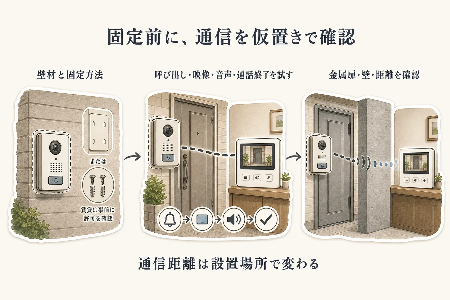 ワイヤレスドアホンを固定する前の確認図。壁材に合わせて両面テープまたはネジで固定する方法を確認し、玄関子機と室内モニターを仮置きして呼び出し・映像・音声・通話終了を試し、金属扉・壁・距離で通信が変わることを確かめる