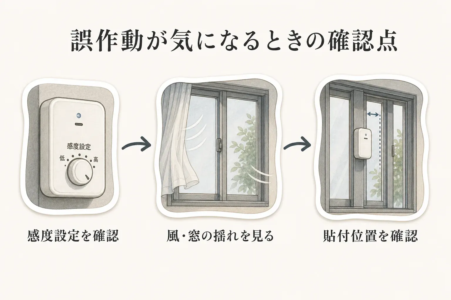 窓用防犯アラームの誤作動を確認するポイントを示す図。振動検知型では感度設定、風・掃除・家具の接触による振動、貼付位置を確認し、開閉検知型では本体とマグネットの位置や距離を確認する。